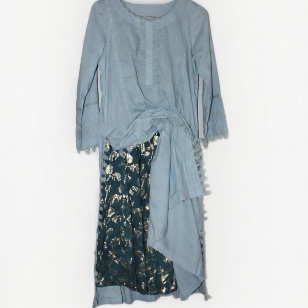 Traditional 3-Piece Salwar Kameez & Metallic Brocade Wide-Leg Pants Set. SMALL
